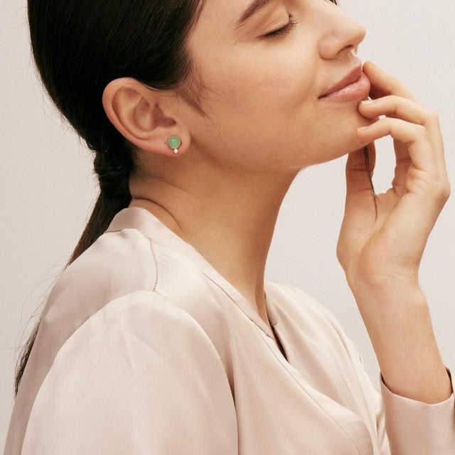 Contemporary Syna Yellow Gold Chrysoprase Studs with Diamonds, a Pair For Sale - Image 3 of 5