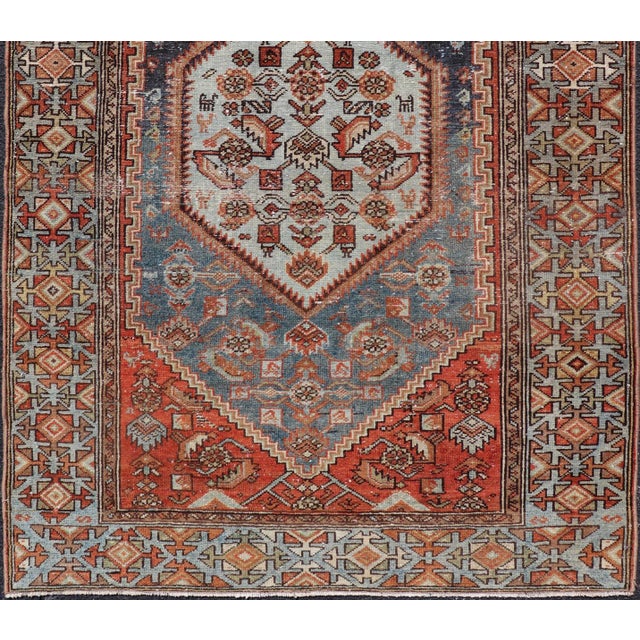 Blue Antique Persian Hamadan Rug With Medallion and Rich Geometric Border 3'10 X 6'1 For Sale - Image 8 of 10