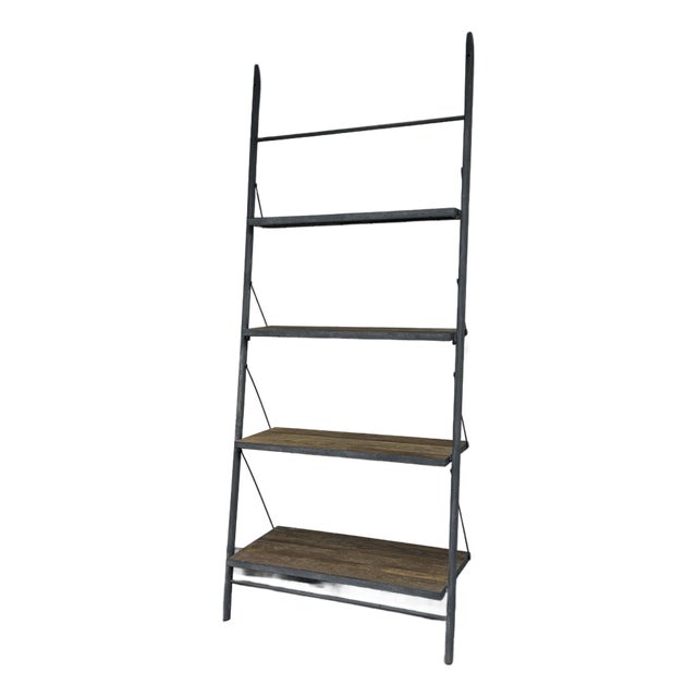 Restoration Hardware Industrial Leaning Wood & Metal Shelving Unit For Sale