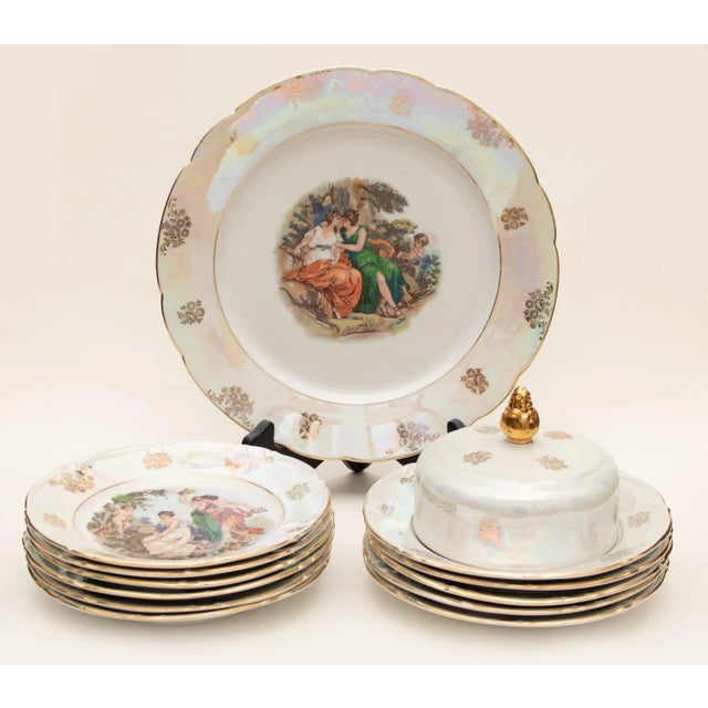 Exquisite 22k Gold German Porcelain Set of 10 Dinner Plates, Butter dish and Charger, by Kahla Porcelain Factory in East...