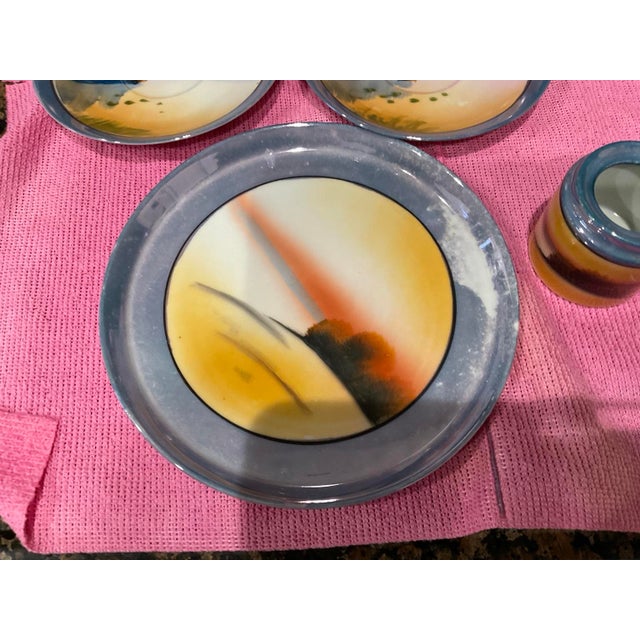 1920s–1930s Japanese Art Deco Hand-Painted Landscape Lusterware Collection – 6 Pieces For Sale - Image 4 of 7