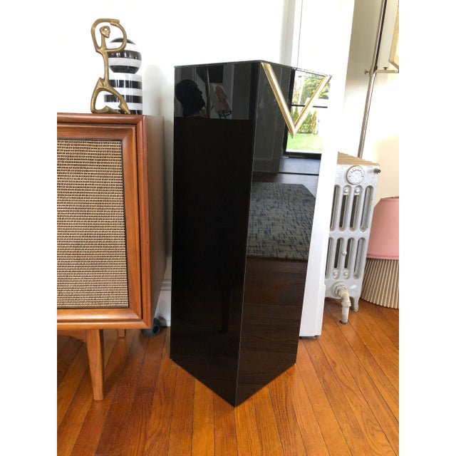 Metal Vintage Postmodern Glass and Brass Pedestal For Sale - Image 7 of 8