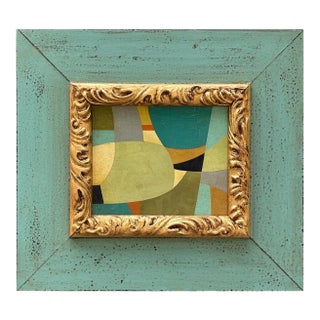 Contemporary Abstract Oil Painting in Vintage Blue Painted Frame For Sale