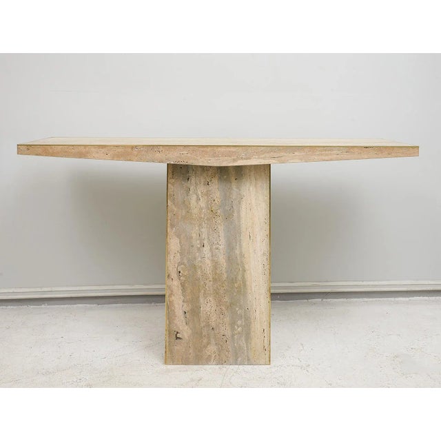 Contemporary Sculptural Pair of Contemporary Italian Travertine Consoles With Brass Banding For Sale - Image 3 of 8