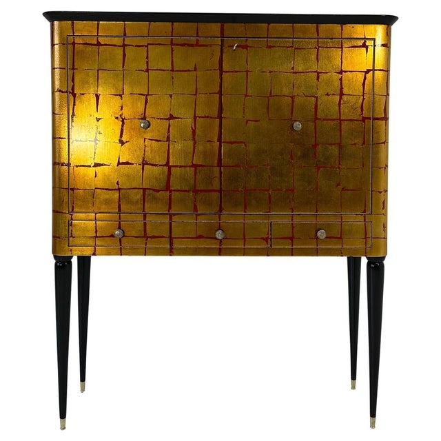 Italian Art Deco Red Lacquered and Gold Leaf Bar Cabinet attributed to Permanente Mobili Cantù, 1950s For Sale - Image 12 of 12