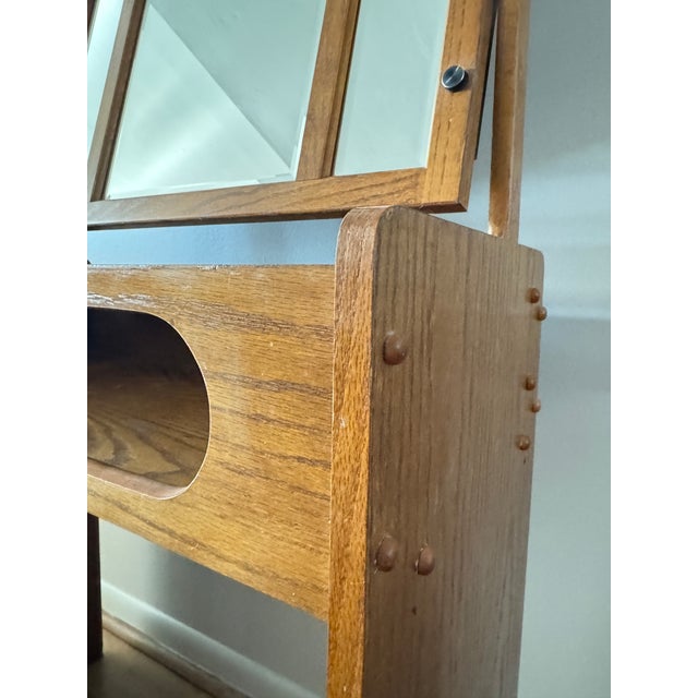 Mid 20th Century Oak Vanity Table With Lighted Adjustable Top Mirror and Upholstered Bench For Sale - Image 13 of 17