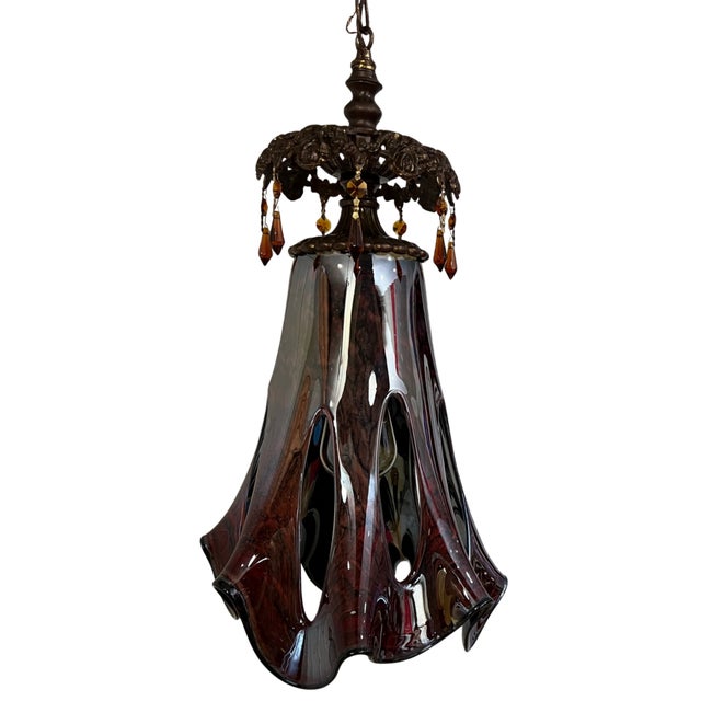 Art Glass Reddish Brown Fazzoletto Stretched Loop Shade Pendant Light For Sale - Image 9 of 18
