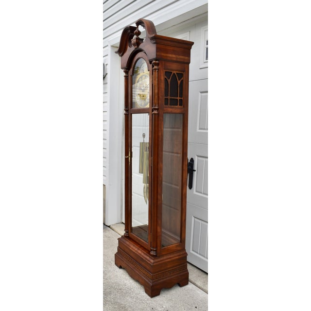 Ridgeway Cherry Grandfather Clock Vintage Brass Dial Moving Moon Phase Windsor For Sale - Image 12 of 18