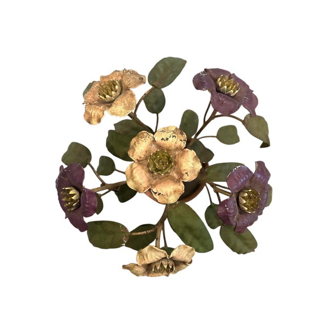 Florentia Vintage Italian Hand Painted Potted Tole Violets Floral Arrangement / Flower Sculpture / Object, in Purple & Peach Pink For Sale - Image 4 of 9