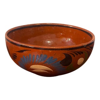 Vintage Mexican Hand Painted Pottery Bowl Made of Red Ware Terracotta Clay. For Sale