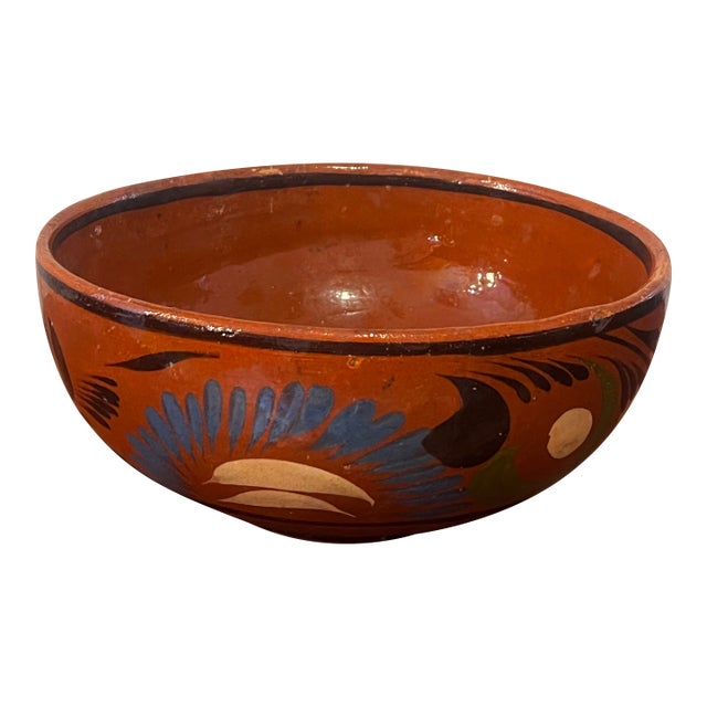 Vintage Mexican Hand Painted Pottery Bowl Made of Red Ware Terracotta Clay. For Sale