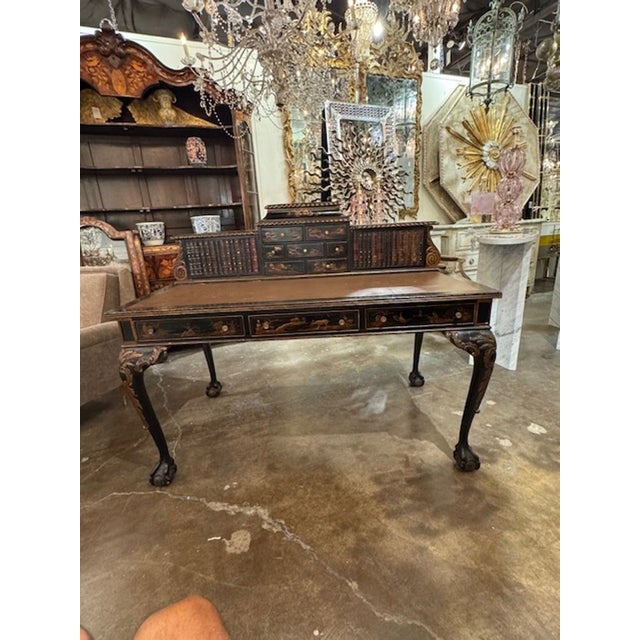 Discover the elegance of the 19th Century English Queen Anne Chinoiserie Bureau Flat, a stunning addition to any antique...