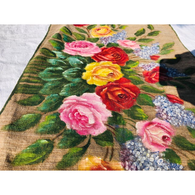 Vintage Hand Painted Floral Art Over Coarse Juth For Sale - Image 4 of 7