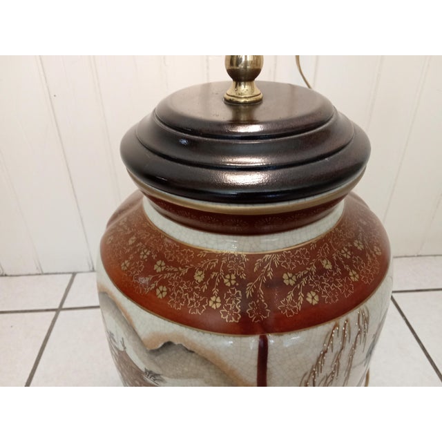 1930s Asian Ceramic + Wood Satsuma Crackle Glaze Hand Painted 32" Lamp For Sale In Boston - Image 6 of 15