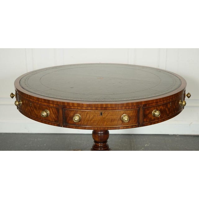 Fine Regency Drum Top Library Table with Aged Green Leather Top For Sale - Image 4 of 15