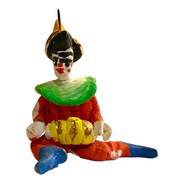 Tiny <2 Inch Colorful Plaster Clown Playing a Concertina! Delicate, Italian Ornament For Sale