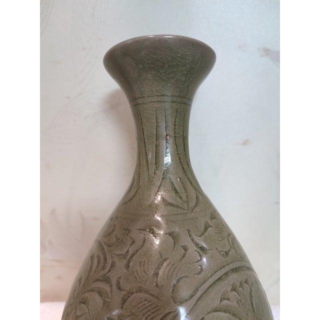 Ceramic Chinese Ceramic Vase Yaozhou Ware Celadon Yuhuchun Vase Hand Carved Flowers Pattern For Sale - Image 7 of 10