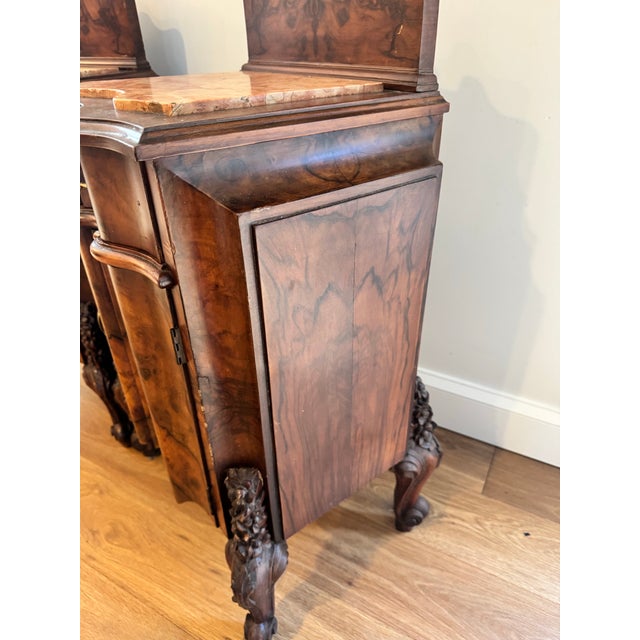 Pair of Antique American Victorian Rococo Revival Figured Walnut Marble-Top Bedside Cabinets, Circa 1870 For Sale In Lexington, KY - Image 6 of 12
