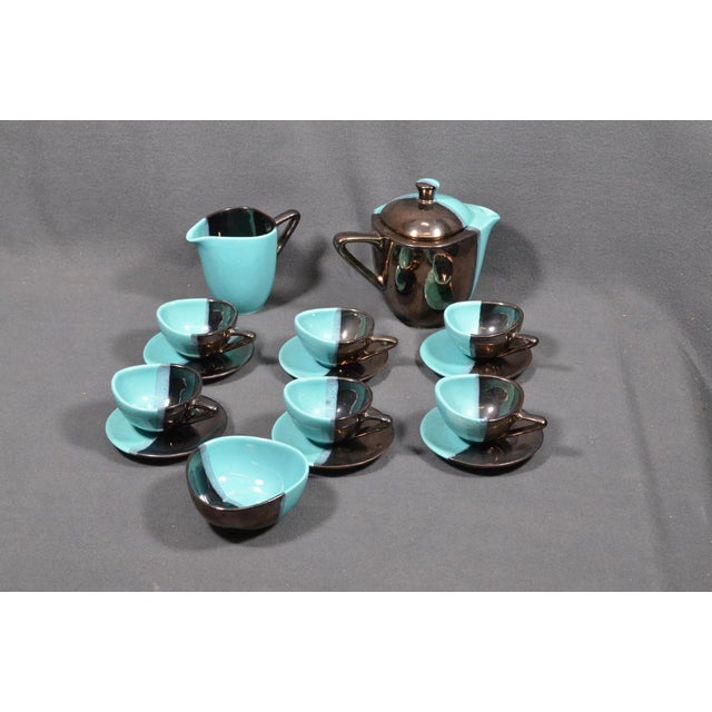 Mid 20th Century Vallauris – Black and Turquoise Blue Faience Coffee Set - 15 pcs For Sale - Image 6 of 18