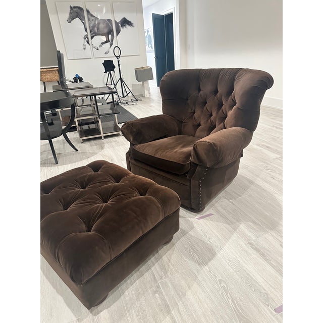 Ralph Lauren Wingback Club “Writer’s” Chair With Ottoman — Chocolate Brown Velvet For Sale - Image 11 of 12