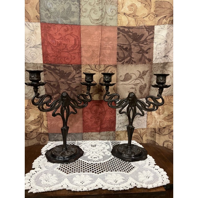 Late 20th Century Art Nouveau Sensuous Woman Candelabras in Cast Iron With an Antique Bronze Finish Set of 2 For Sale - Image 11 of 11