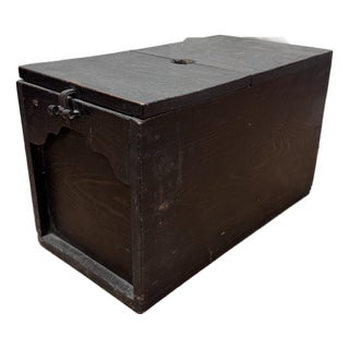 Antique Japanese Wooden Storage Box | Rustic Meiji–Taisho Dark Stained Cedar Chest With Iron Hasp | Small Wabi-Sabi Trunk For Sale