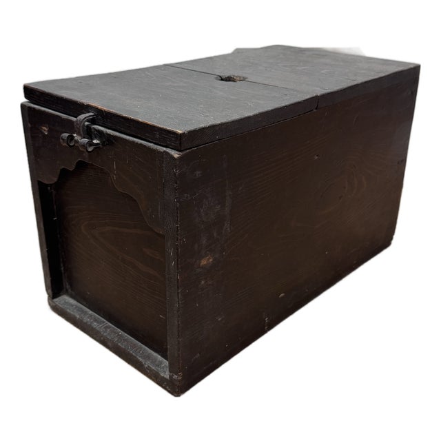 Antique Japanese Wooden Storage Box | Rustic Meiji–Taisho Dark Stained Cedar Chest With Iron Hasp | Small Wabi-Sabi Trunk For Sale