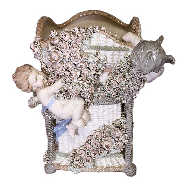 Antique Austrian Amphora Art Nouveau Figural Flower Vase With Putti and Applied Roses For Sale