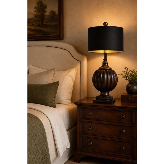 Large Vintage Fluted Melon-Form Table Lamp With Black & Gold Drum Shade – 33″ For Sale - Image 4 of 4