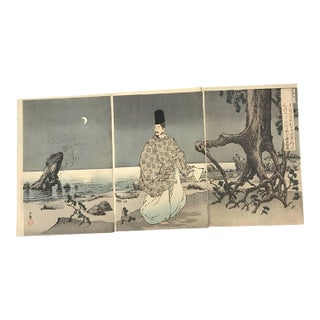 1892 Kiyochika Triptych Sugawara No Michizane Rare Meiji Japanese Woodblock Set For Sale