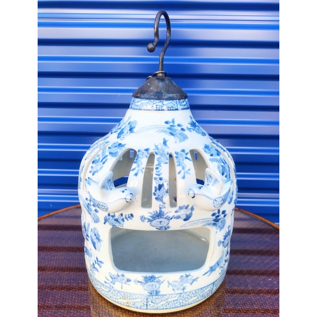 Vintage Ceramic Blue and White Chinoiserie Large Bird Cage Decorative