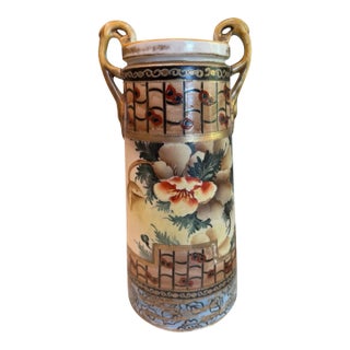 Early 20th Century Japanese Royal Nishiki Nippon Hand-Painted Porcelain Poppy Cylinder Vase - 13.5" H For Sale