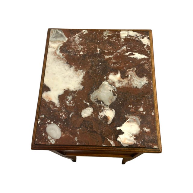 Antique Marble-Top Wooden Nightstand / Bedside Cabinet With Porcelain Interior & Inlaid Accent. For Sale - Image 9 of 10