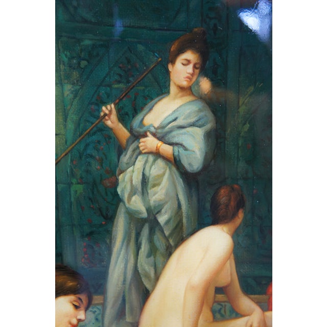 Mid 20th Century The Harem Bathhouse Nude Hookah Smoking Oil Painting After Jean Leon Gerome 31" For Sale - Image 6 of 12