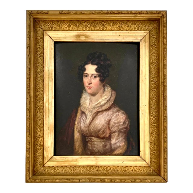 Antique Portrait Elgant Lady Fine Painting Oil on Board in Wooden Golden Frame For Sale