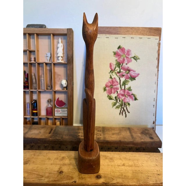1970s Vintage Wooden Cat Sculpture For Sale - Image 4 of 9
