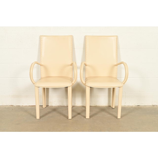 Postmodern Mario Bellini Style Italian Modern Cream Leather Wrapped Armchairs, Pair For Sale - Image 3 of 14
