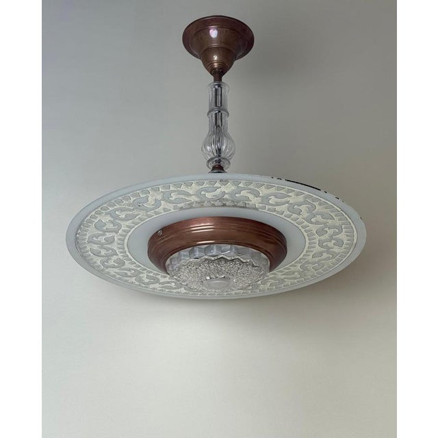 Art Nouveau UFO Pendant Lamp in Copper and Glass attributed to Ezan, 1930s For Sale - Image 6 of 14