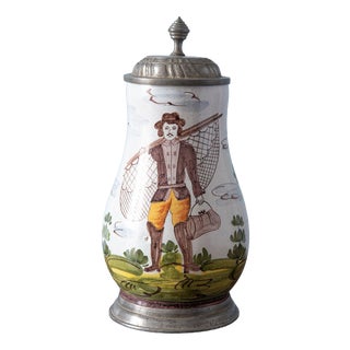 Pewter-Mounted Fisherman Birnkrug from Bayreuth Faience, 19th Century For Sale