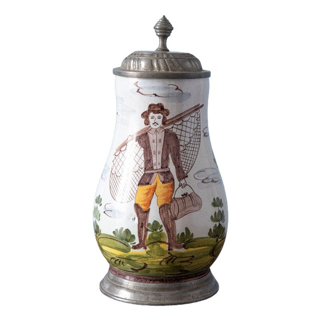 Pewter-Mounted Fisherman Birnkrug from Bayreuth Faience, 19th Century For Sale