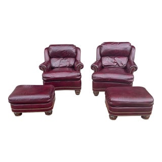 Hancock Moore Leather Club Chairs and Ottomans a Pair For Sale