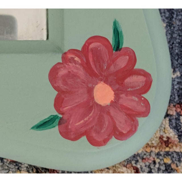 Turquoise Vintage One of a Kind Folk Art Style Hand Painted Scalloped Wall Mirror For Sale - Image 8 of 12