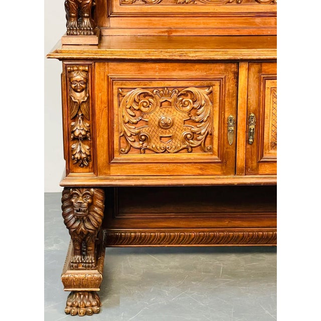 R. J. Horner Victorian Sideboard, Full Lions, Figural, 1880s, Refinished, Monumental in size as it stand almost seven feet...