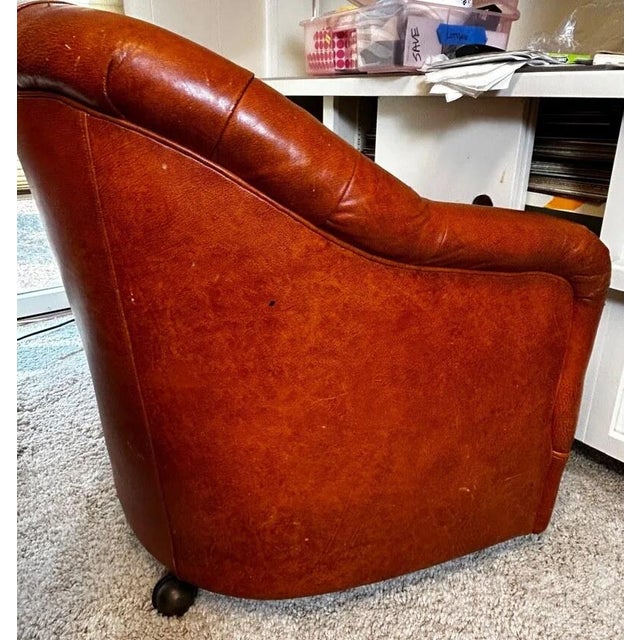Wood Vintage 1980s Pair of Cognac Tufted Barrel Club Chairs by Classic Leather Inc., Hickory Nc – Top Grain Leather on Brass Shepherd Casters For Sale - Image 7 of 17