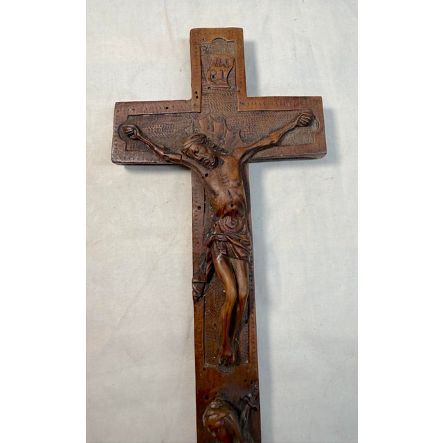Antique 1700's Hand Carved Wood Religious Jesus Christ Crucified Cross Sculpture For Sale - Image 4 of 14