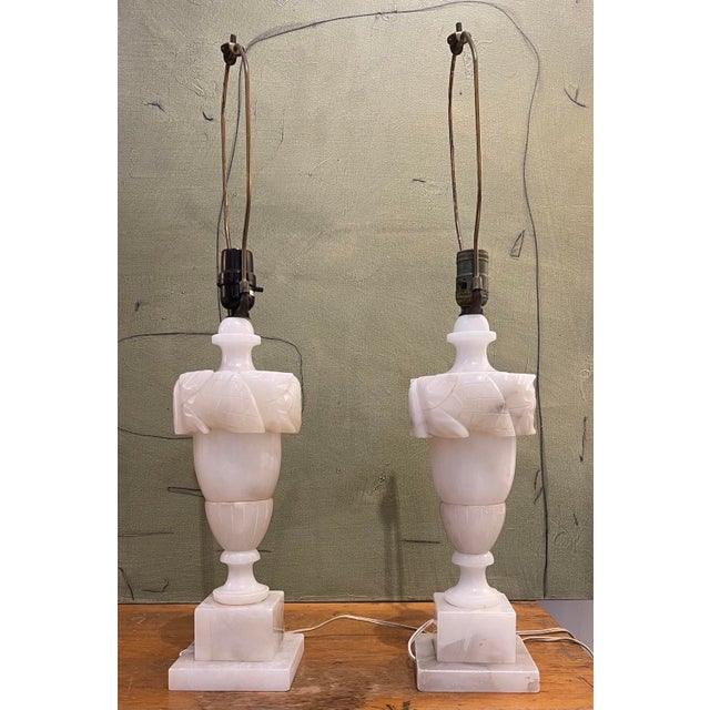 Neoclassical Mid 20th Century Italian Carved Alabaster Neoclassical Table Lamps - a Pair For Sale - Image 3 of 8