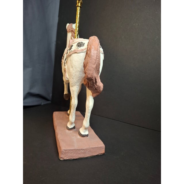 White Vintage 1983 Austin Sculpture Carousel Horse Durastone Statue Brass Pole Ring Base 15" For Sale - Image 8 of 14