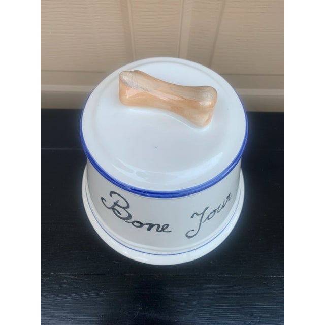 Late 20th Century Vintage French “Bone Jour” Blue and White Porcelain Dog Treat Jar For Sale - Image 5 of 12