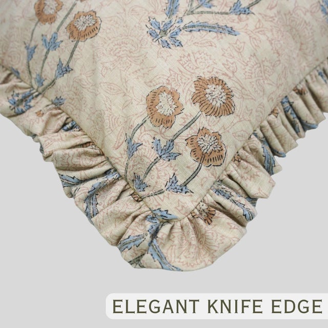 Modern Block Print Boho Frill Pillow Cover Handmade Linen, Double-Sided Floral, Decorative Throw Cushion for Home 12x20 Inch -Amitab For Sale - Image 3 of 6