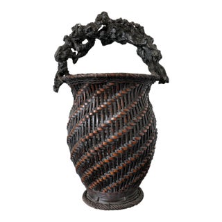 Extraordinary Smoke Bamboo Basket with Wisteria Root Handle Meiji Period For Sale